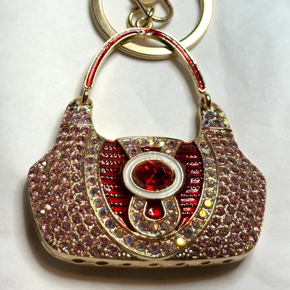 Crystal covered purse design keychain, red enamel, pink crystals, NWOT